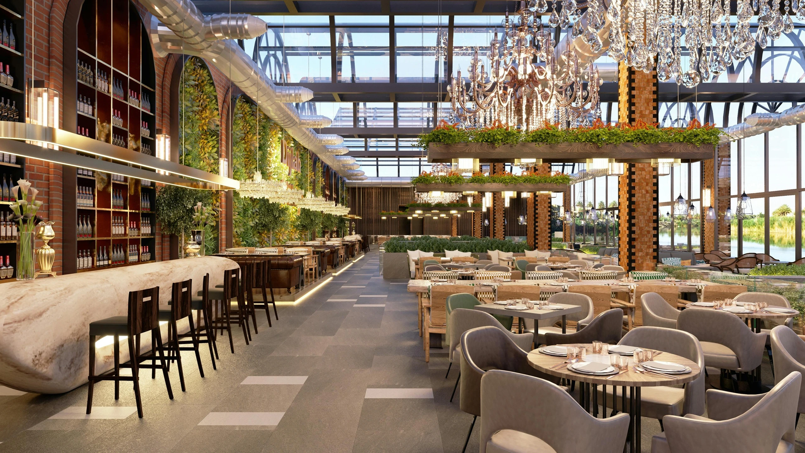 Large dining and bar venue with bright natural lighting