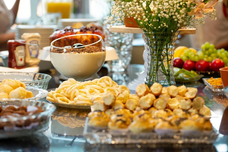 Breakfast buffet with flowers